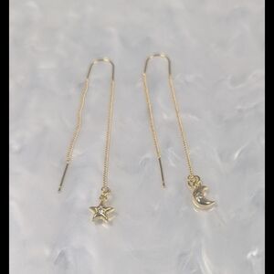 18k Gold Star and Moon Threader Earrings  Gold Plated Celestial Earrings